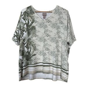 Chico’s short sleeve tropical geometric print top green white size XL | 3